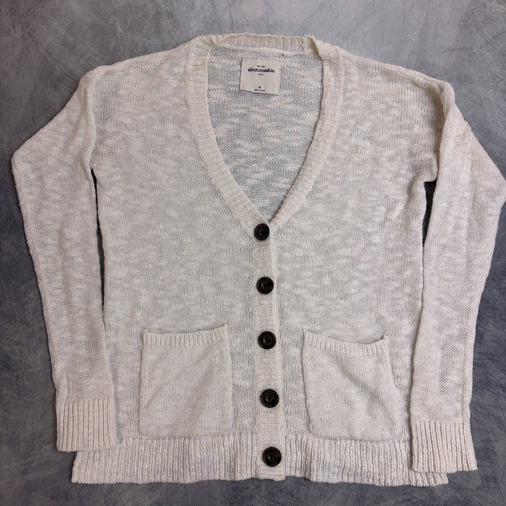 Abercrombie Kids Cream White Knit Button Front Cardigan Sweater Moose Logo M